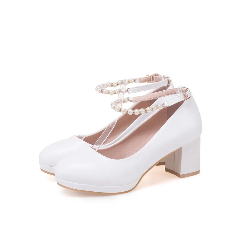 YMECHIC/ г.; модные белые свадебные туфли mary jane с ремешком на щиколотке, Украшенные бусинами; женские офисные туфли на квадратном каблуке размера плюс - Цвет: Белый