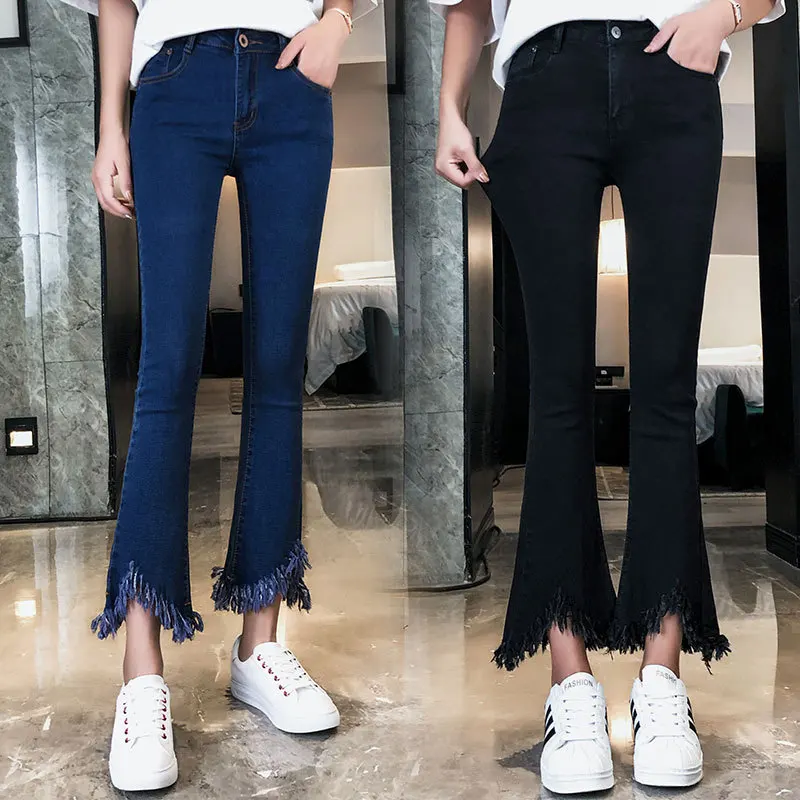 

2019 Spring Summer Jeans Women High Elastic Waist Loose Vintage Wide Leg Irregular Tassel Ankle Length Flare Pants Plus Size