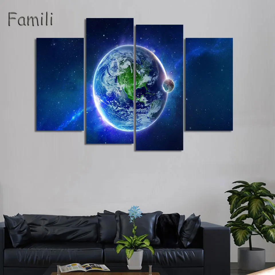 4pcs The Earth Map From the Space Canvas Painting 100% Handmade Modern Oil On Wall Art Gift For Living Room | Дом и сад