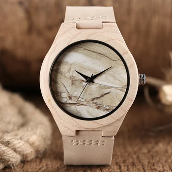 

Creative Marble Wooden Watches Men Genuine Leather Strap Handmade Bamboo Nature Wood Top Wristwatch Male Clock Xmas Gift