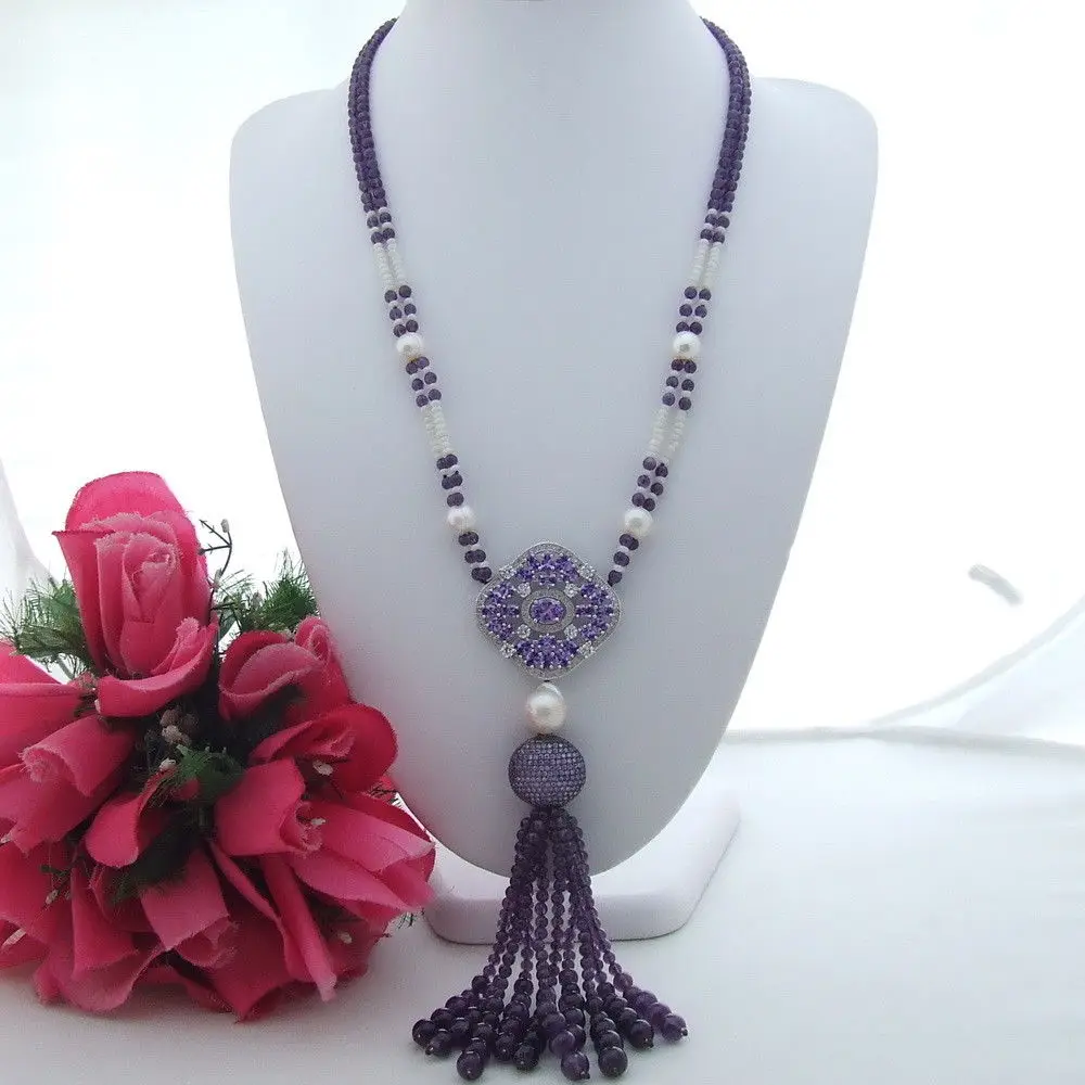 

S073001 Pearl Natural Purple Crystal Coral CZ Pendant Necklace