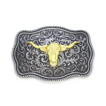 

Rectangle Floral Flower Gold Bull Head Western Belt Buckle