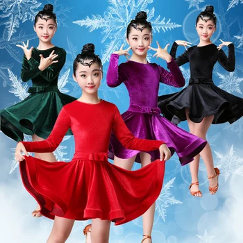 

2019 Latin Dance Dress Children'S New Long Sleeve Velvet Professional Salsa Samba Rumba Dresses For Girls Dancing Clothing