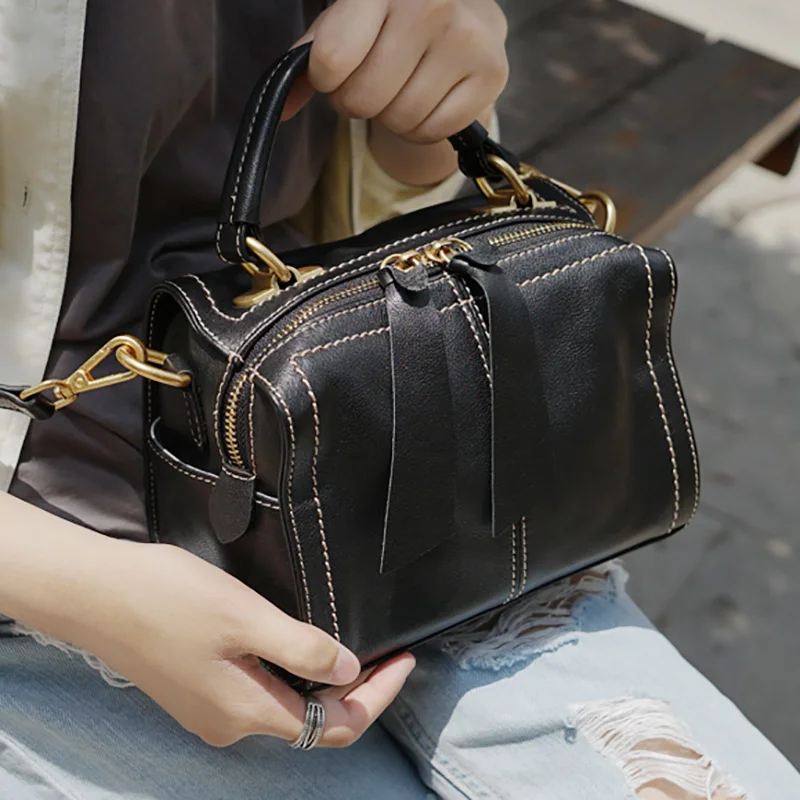 AETOO British style fashion retro handmade cowhide bag, leather shoulder oblique cross bag, casual bow lady small square Bag