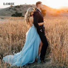 Cheap LORIE Simple Wedding Dress 2019 A Line Sexy Backless Thigh Split Sky Blue Chiffon Princess beach wedding gown with court train Cheap LORIE Simple Wedding Dress 2019 A Line Sexy Backless Thigh Split Sky Blue Chiffon Princess beach wedding gown with court train