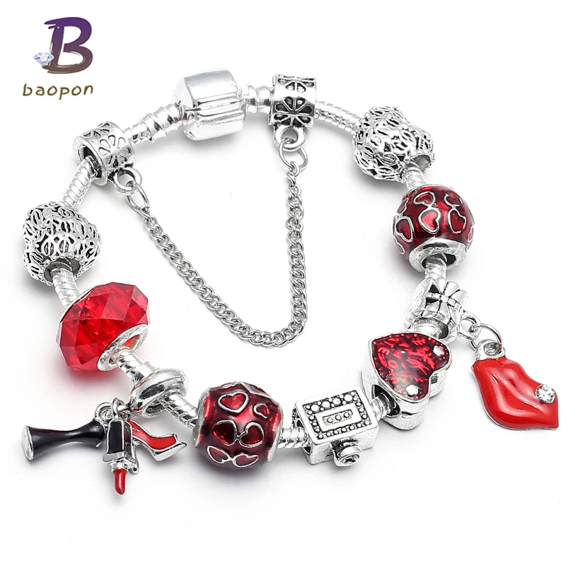Red Shiny Debut Charm Bracelet For Women with Lips Pendant & Murano