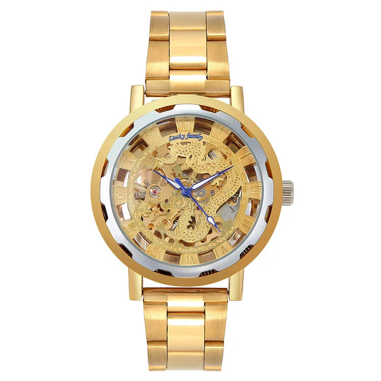 

Nice Timepiece Men'Dragon Collection' Luxury Carved Dial Automatic Mechanical Bracelet Waterproof Gold Watch 9007