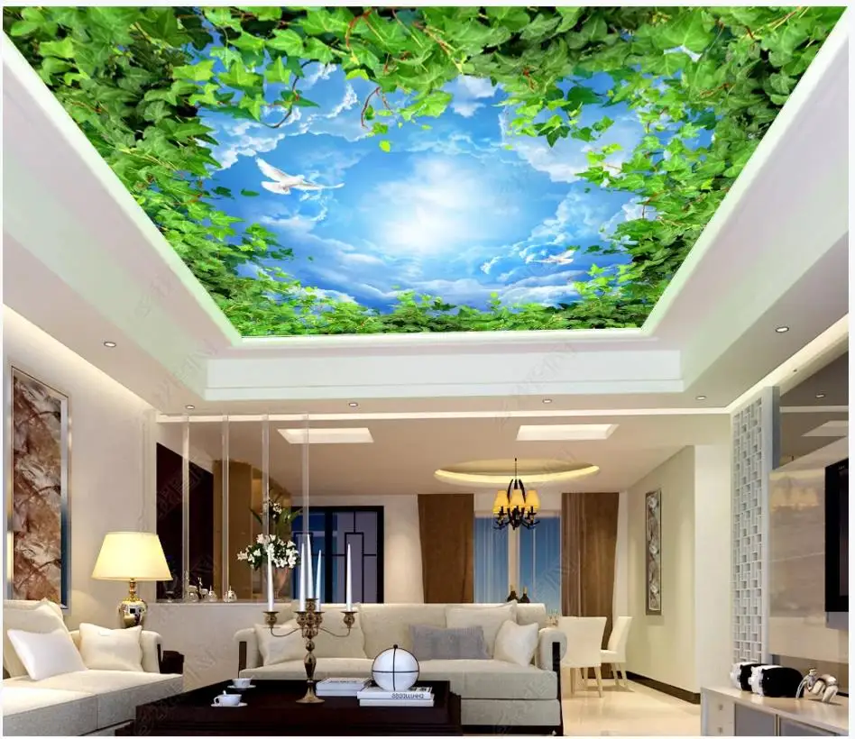 Пользовательские фото обои 3d потолочные обои с зелеными листьями, голубое небо, белые облака, гостиная, потолок Зенит Фото Обои mural