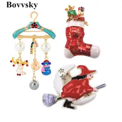Bovvsky эмаль Броши Санта Клаус носок Вешалка Рождество Носки для девочек бутоньерка со стразами Броши для Новинки для женщин Новогодний