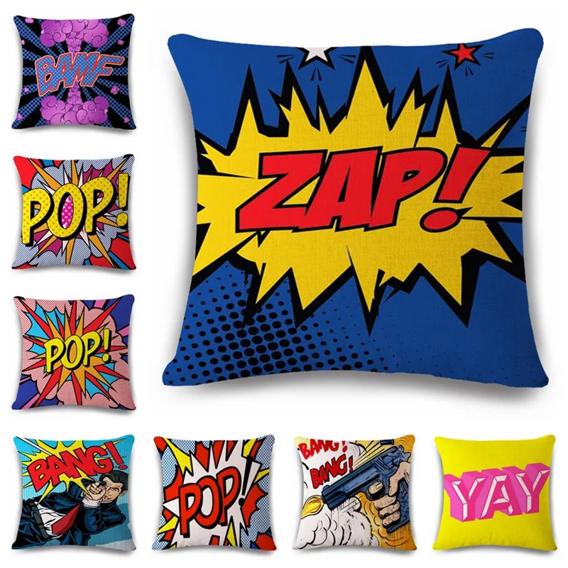 

18'' Square Color Graffiti Rock And Roll Style Cushion Covers Letters POP WOW POW BANG Superman Print Pillow Cover Pillowcase