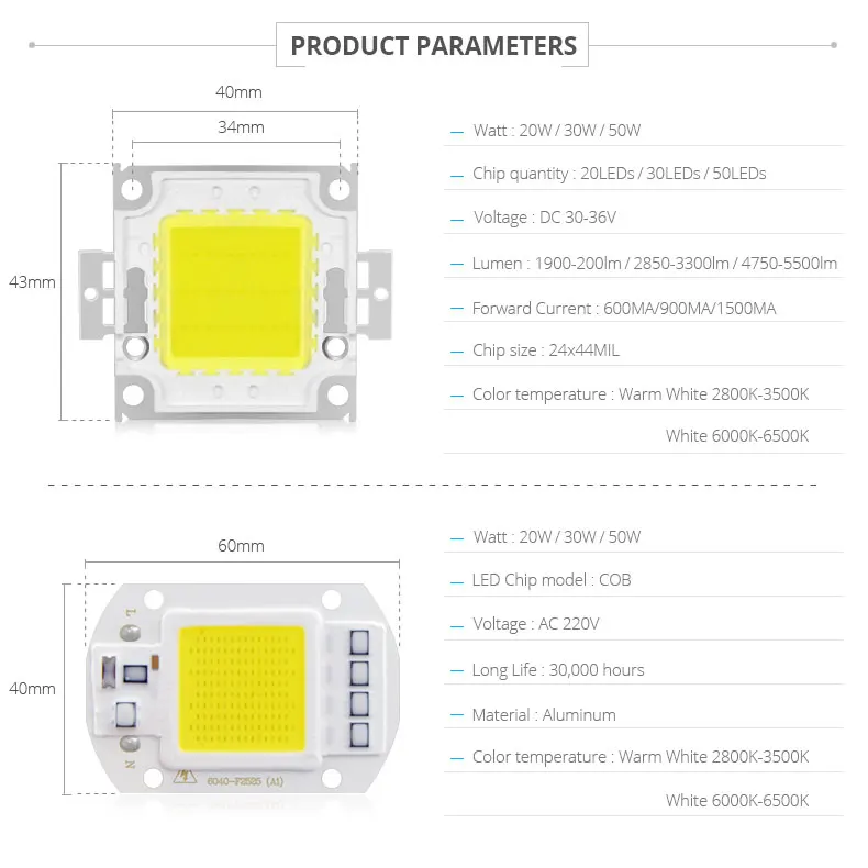 AIMENGTE COB светодиодный светильник 20 Вт 30 Вт 50 Вт 100 Вт Встроенный светодиодный чип для DIY светодиодный прожектор 30 В-36 в 220 В-240 В высокомощный светодиодный светильник