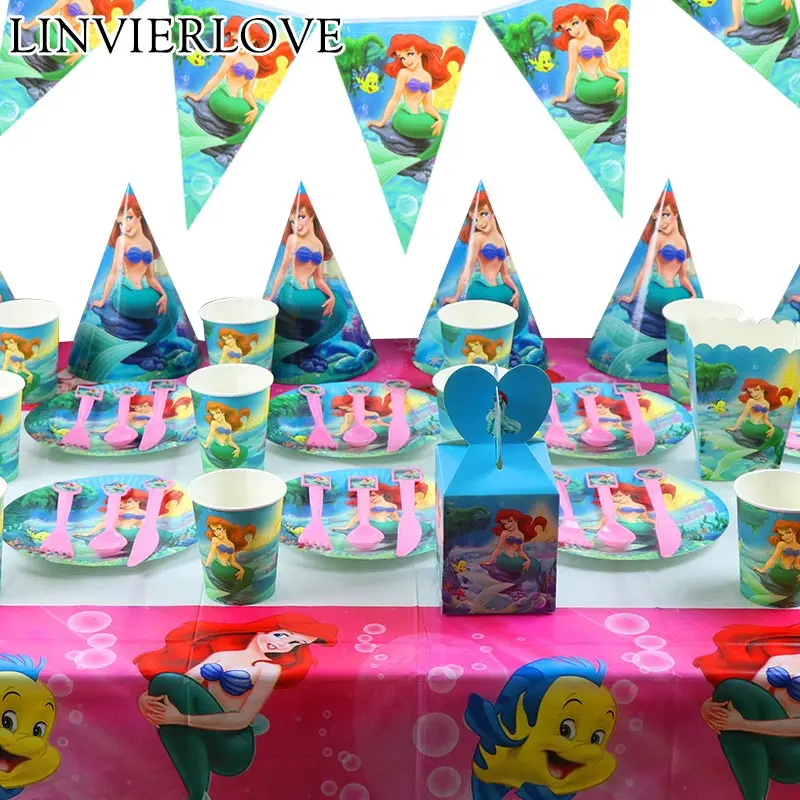 

Mermaid Party Decor Paper Plate Cup Banner Candy Boxs For Kids Birthday Disposable Tableware Sets Baby Shower Wedding Supplies