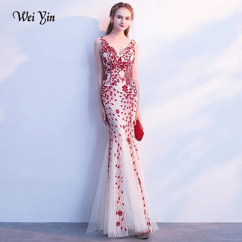 Длинные блестящие вечерние платья weiyin с V-образным вырезом юбка-годе модные для