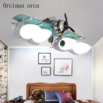 

American retro iron aircraft chandelier boy bedroom children's room lights cartoon creative blue LED fighter Chandelier