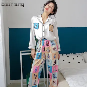 

BabYoung Autumn Pajamas Set Women Pyjamas Femme Cartoon Print Satin Silk Sleep Wear Long Sleeve Home Suit Pijama Mujer Feminino