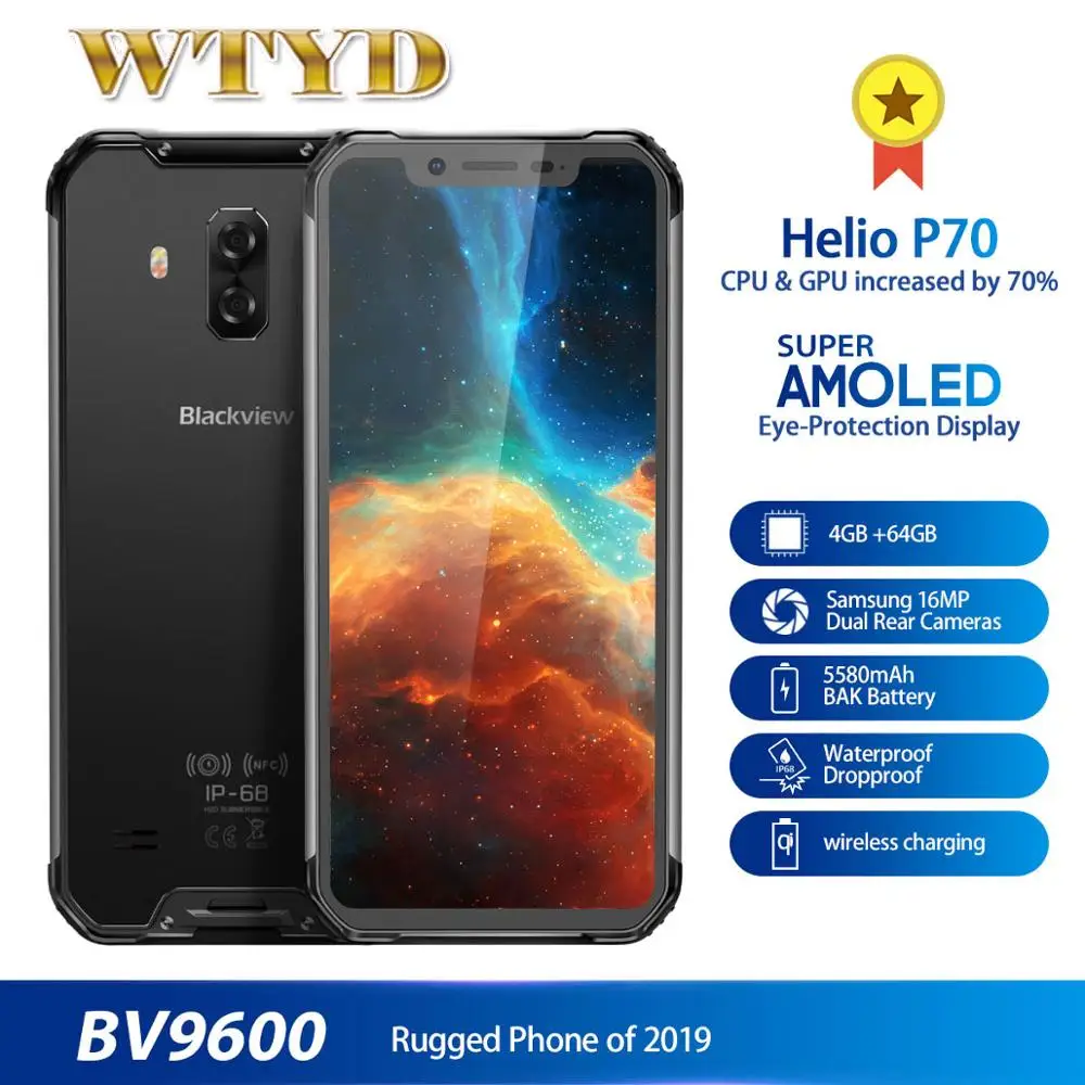 Мобильный телефон Blackview BV9600 водонепроницаемый IP68 4 Гб + 64 ГБ Android 9 0 6 21 дюйма 5580 мАч