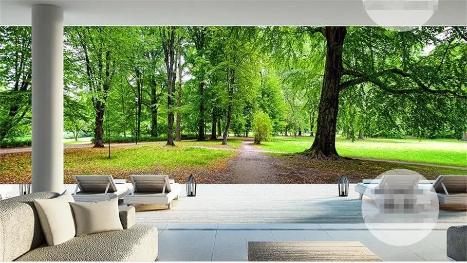 Foto Kustom 3d Wallpaper Mural Bukan Tenunan Hutan Besar Pohon Besar Sofa Latar Belakang Lukisan