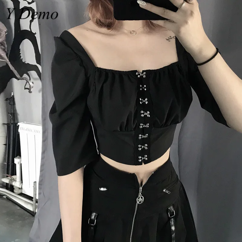 

Streetwear Casual Buckles Women Half Sleeve T-shirt Summer Square Collar Short Crop Tops