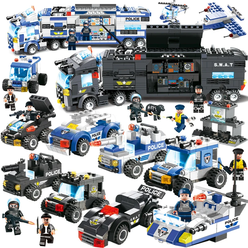 

8 in 1 City Police Series Vehicle Car Helicopter Police Staction Truck Building Blocks DIY Bricks Compatible With Legoed Toys