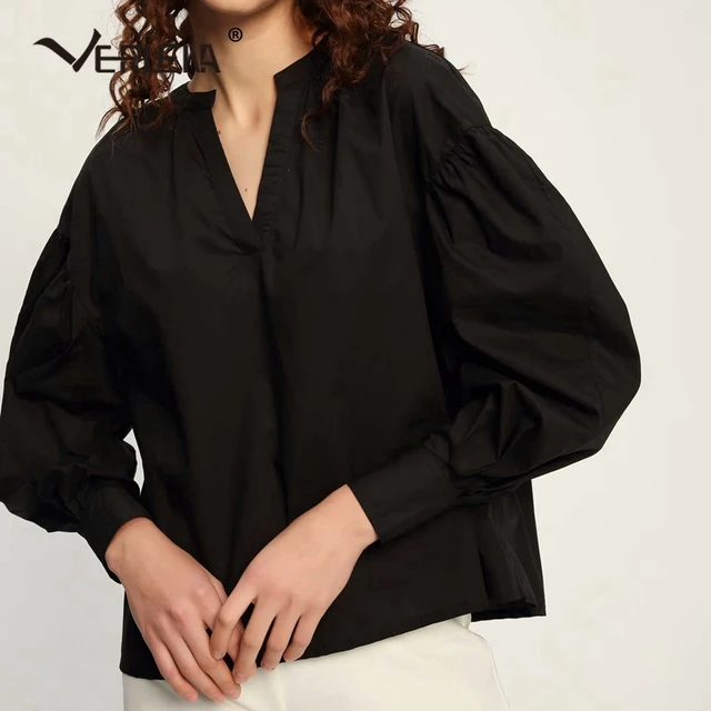 Long Volume Sleeve V Neck Solid Black Shirt Women Baggy Cocoon Shape Long Sleeve Blouse Korean