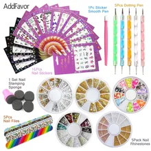 AddFavor набор для дизайна ногтей DIY ручка 16 наклейка на ПК Маникюр-наклейки для ногтей пилки для ногтей драгоценные Стразы лак для ногтей для нанесения рисунков губки