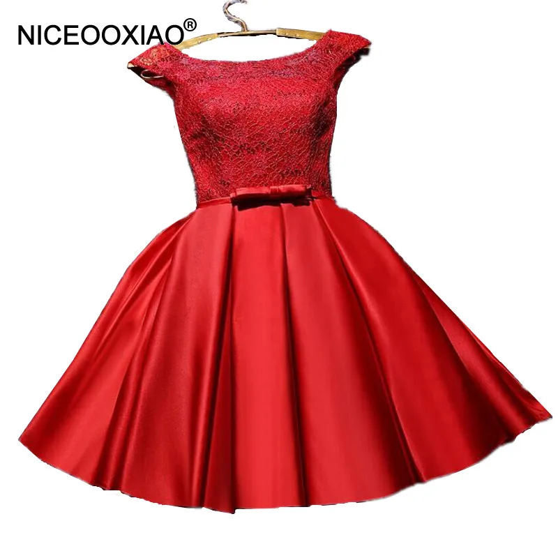 Халат niceooxiao De Soiree Красные Короткие вечерние платья кружевное платье с вышивкой и
