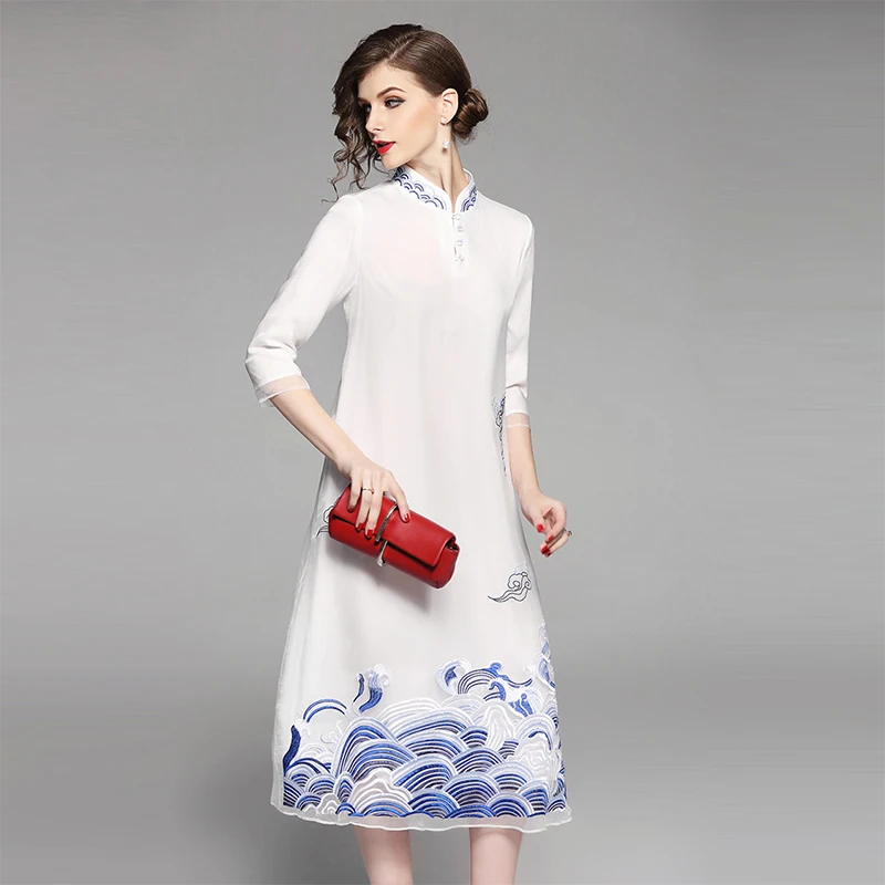 2018 Весна Горячая вышивка Элегантный Cheongsam Для женщин высокое качество элегантный