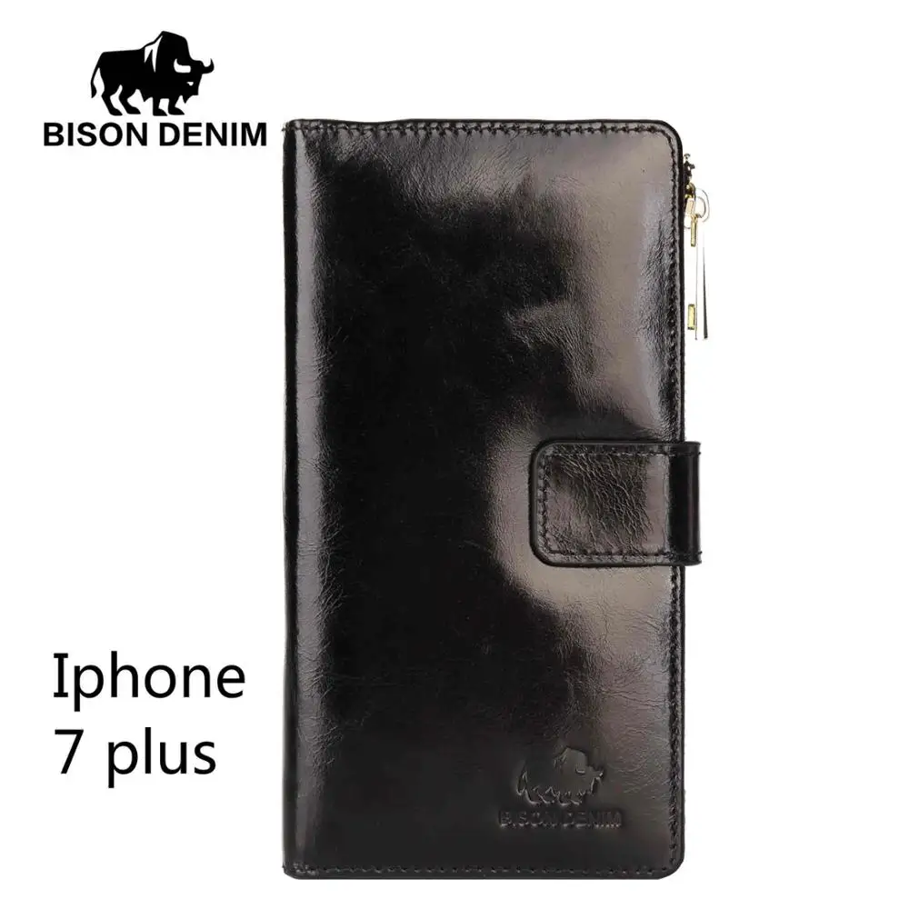 BISON DENIM кошелек из натуральной кожи мужской чехол держатель для карт Iphone кошелек кожаный чехол Флип кошелек с отделением для монет W9367 - Цвет: 7plus