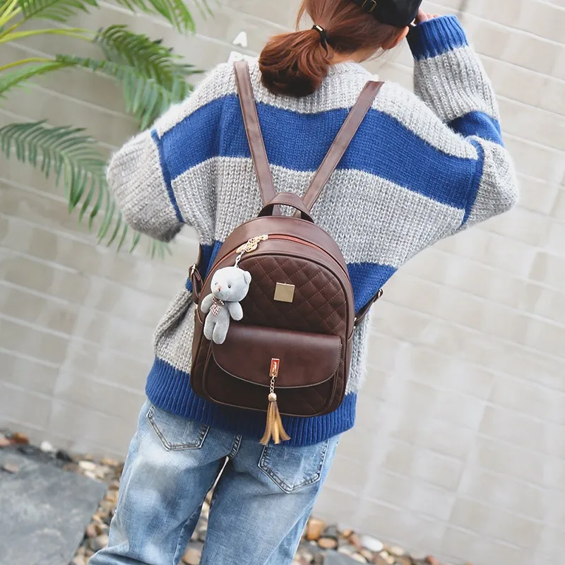 New Arrival 3pcsset Small Bear Pendant Girls Schoolbag PU Tassel Women Backpack Double Zipper Women Bag Vintage Backpack Bag (11)