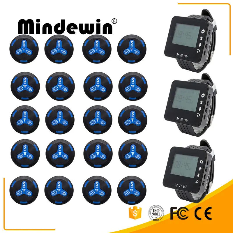 Mindewin передатчик вызова ButtonM-K-3 и Смарт часы M-W-1Receiver ресторан пейджер Беспроводная система вызова питание оборудование - Цвет: Black Blue