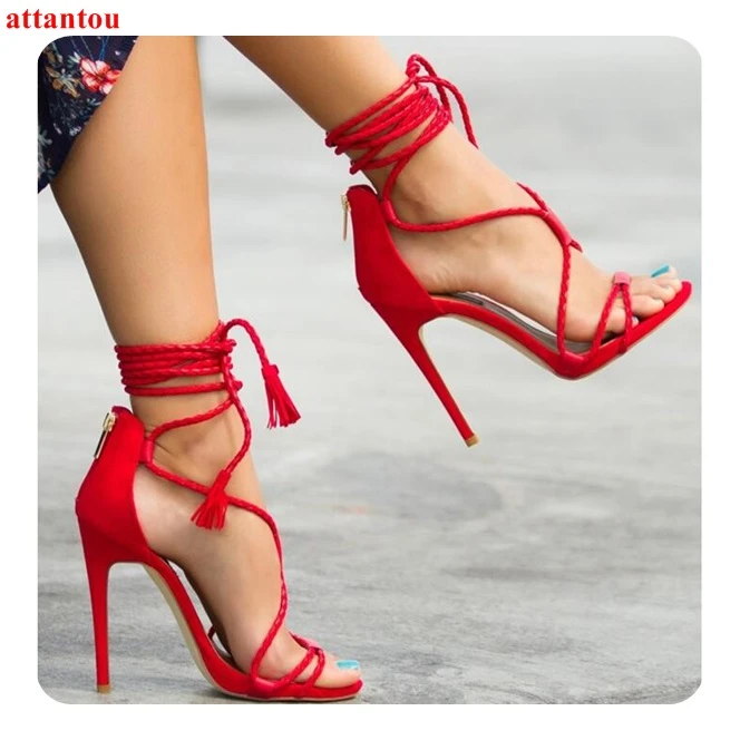 Sandalias rojas con cordones para mujer, zapatos de tacón alto con punta abierta, sexys, para cubrir tobillo, tacones de aguja cruzados, zapatos de de de - AliExpress