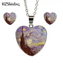 ¡Novedad! conjunto de joyas de corazón con novedosas cadenas, pinturas al óleo Vintage de Van Gogh, artesanía a mano, colgantes de corazón y pendientes