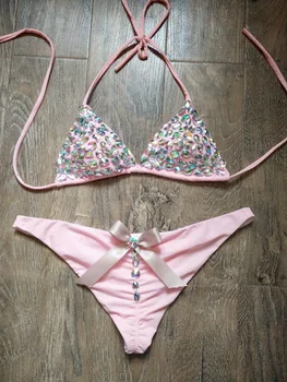 

2020 latest design high quality sexy girl rhinestones pink bikini bling swimwear