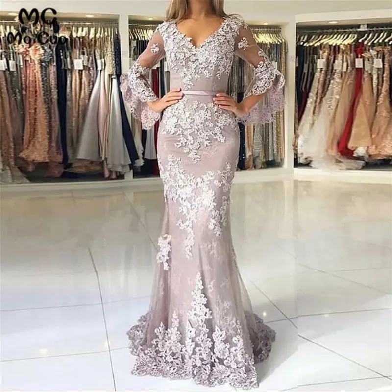 2019 серое вечернее платье-Русалка с длинными рукавами с кружевным v-образным вырезом Vestidos de fiesta Формальное вечернее платье