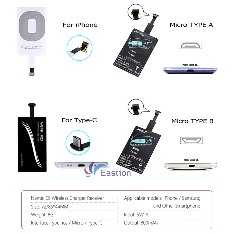 Портативное Мобильное Беспроводное зарядное устройство приемник для iPhone 5 6 7 Plus samsung 5V 1A Универсальный Micro type-C смартфон Qi Быстрая зарядка