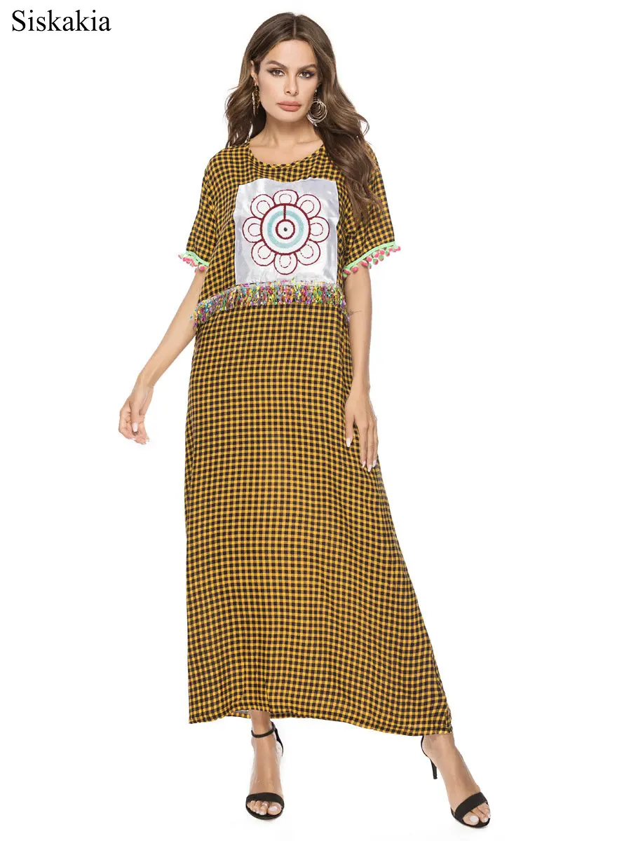Siskakia Fashion Plaid Stripe Women Maxi Long Dress Print Tassel 3D Yellow Female Streetwear O neck Short Sleeve Loose Summer  (1)