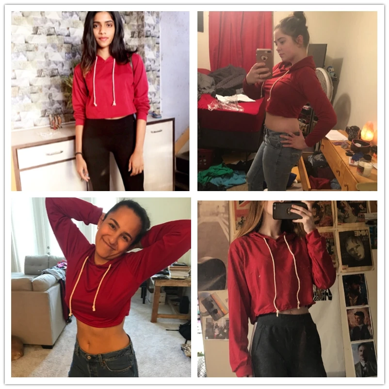  ROMWE Burgundy Drawstring Hooded Crop Sweatshirt Women Casual Tracksuit 2018 Autumn Plain Pullovers