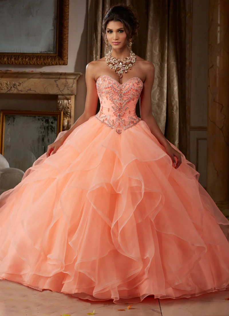 

Coral Quinceanera Dress Ball Gown Rhinestones Beading Ruffle Organza Beautiful Sweet 16 Dress Vestidos 15 anos 2018