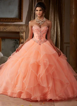 

Coral Quinceanera Dress Ball Gown Rhinestones Beading Ruffle Organza Beautiful Sweet 16 Dress Vestidos 15 anos 2018