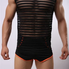 Сексуальные костюмы для мужчин ультра-тонкий мужской плотный Пижамный комбинезон нижнее белье прозрачный белый черный полосатый нижнее белье