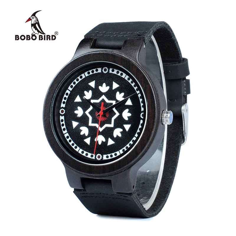BOBO BIRD Ebony Wooden Timepieces Watch Men UV Priting Dial Face Soft Leather Band Quartz Mens Watches Top Luxury OEM W-J14
