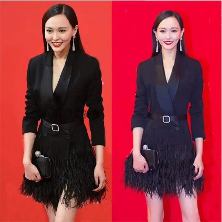 

New Spring Garment 2020 Fashion Leisure Body-building Ostrich Feather Slender Suit Top Long Sleeve Black Dress Women