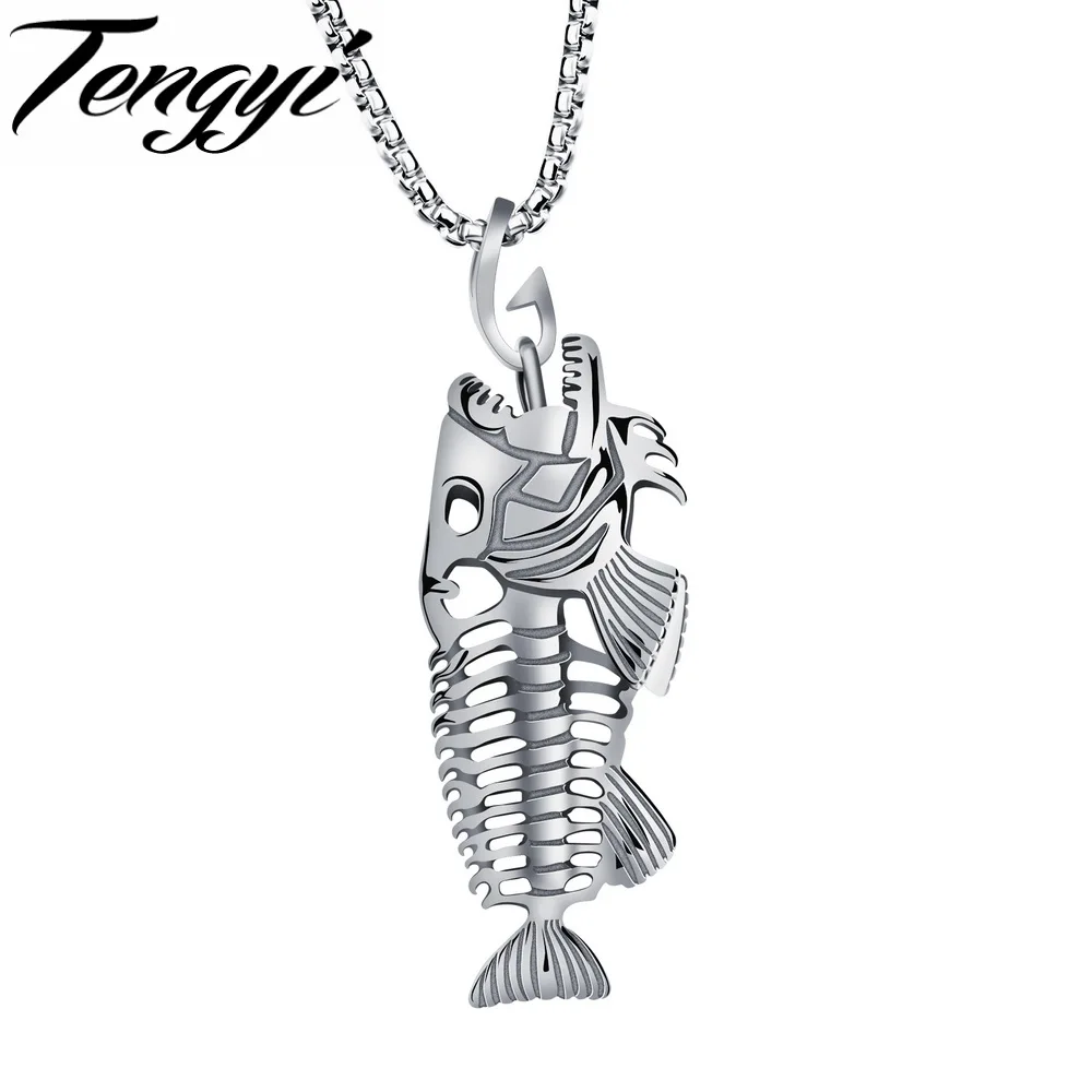 Fashion Fish Bone Piranha 316L Stainless Steel Gold Plated Pendant Necklaces With Chain Best Gift For