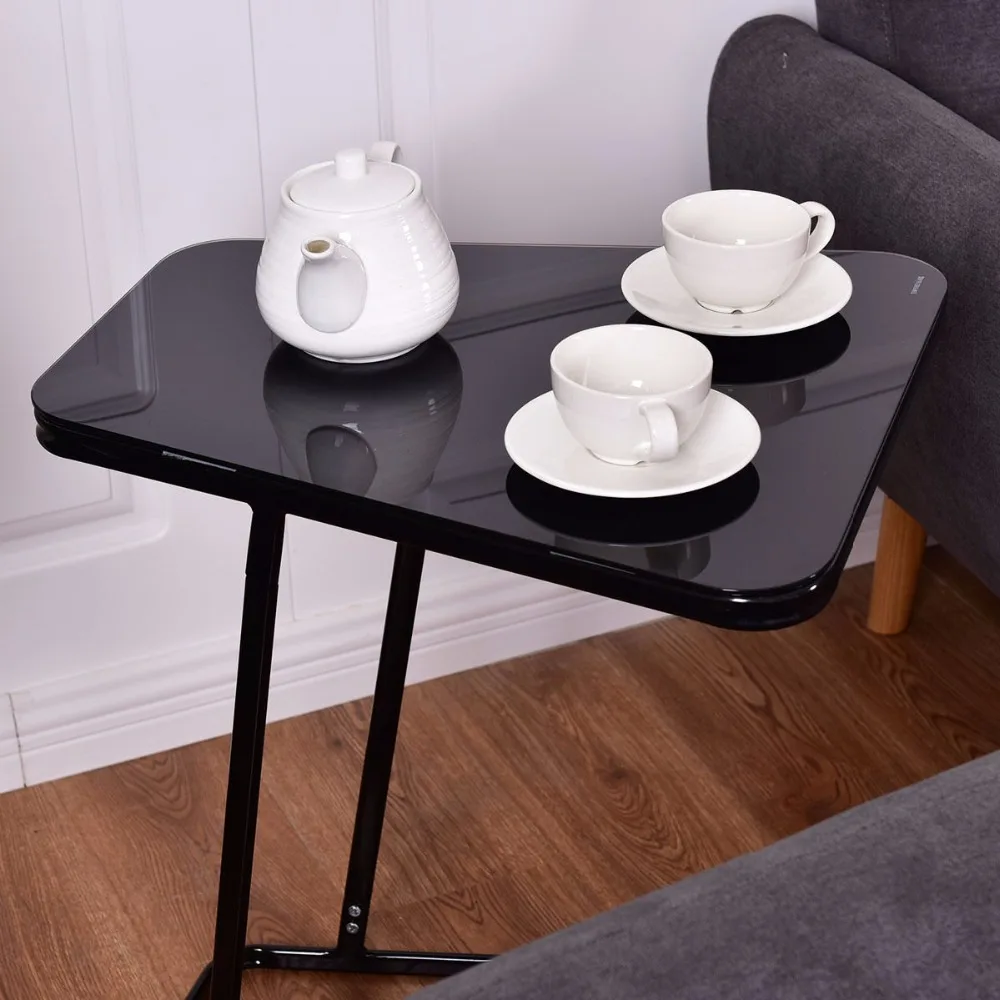 Goplus Modern Glass Top End Table Accent Side Snack Coffee Sofa Table Portable Black C Shape Home Steel Coffee Table HW56084