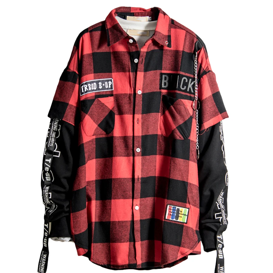 Red And Black Plaid Patchwork Shirt Men Hip Hop Checkered Shirt Korean Fashion Streetwear Men Shirts Button Up Punk Rock Rap