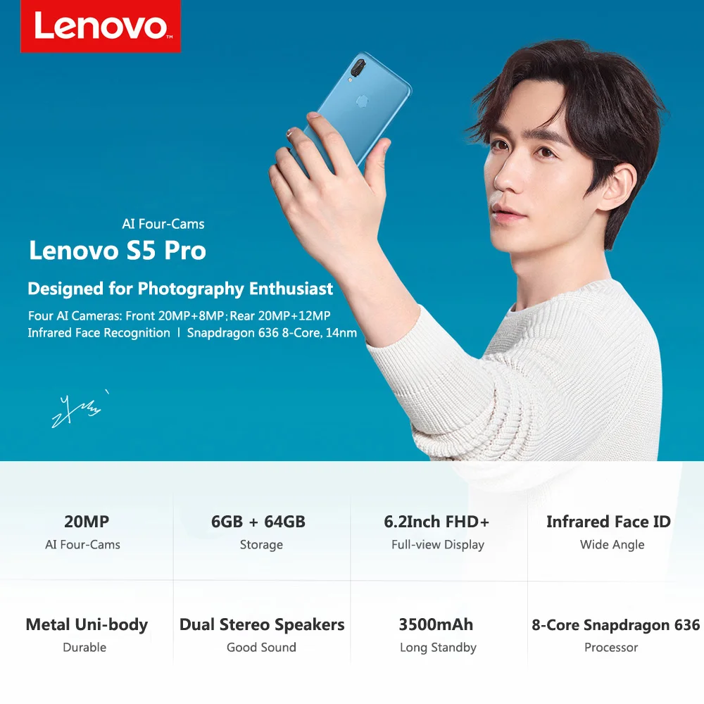 Global Rom 4G B20 Original Lenovo S5 Pro Smartphone Android L58041 6G 64G Rear Camera 20.0MP 3500mAh Face ID OTA Mobile phone