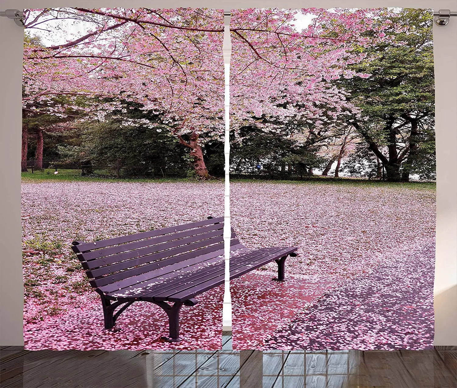 

Nature Modern Home Curtains Bench Under Cherry Tree Cherries Blooms Spring Park View Window Drapes for Living Room Bedroom