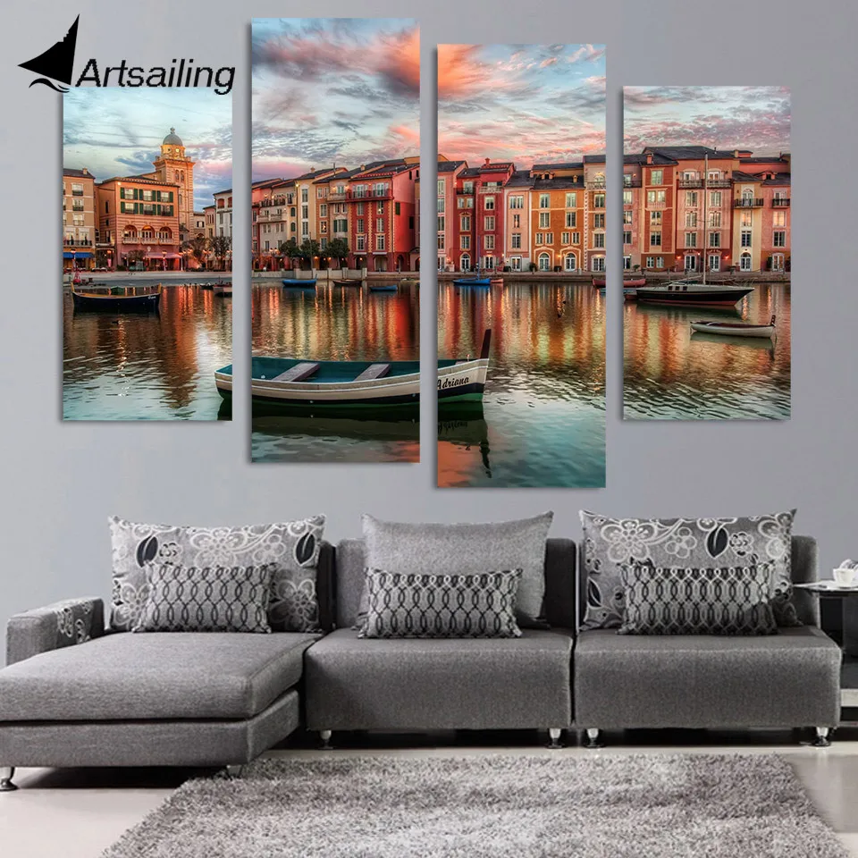 Canvas Painting 4 Piece Canvas Art Boats Orlando Buildings HD Printed