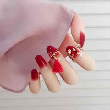 

24pcs Chinese Knot Red Gradient Color with Rhinestone Decoration 3D Fake Nails Full Cover Acrylic False Nail Press On Nails