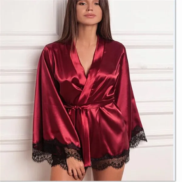 

Women Satin Silk Kimono Robe Dressing Gown Bridesmaid Sleepwear Bathrobe Ladies Solid Loose Bandage Sleepwear Lace Nightgown